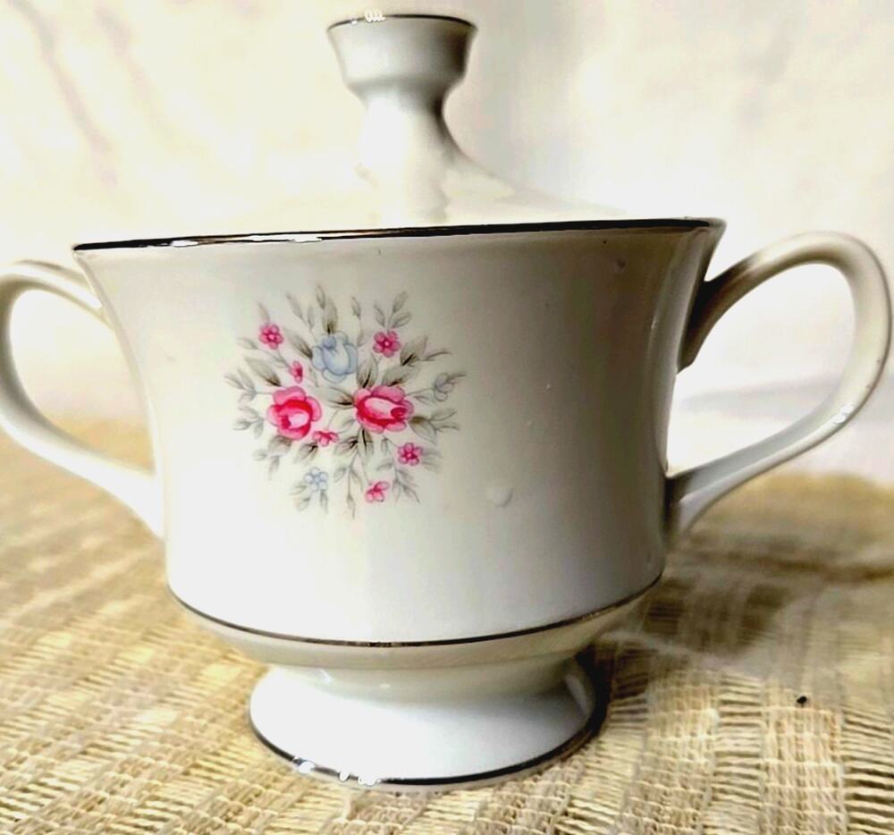 Vintage Nasco Sweet Afton Fine China Sugar Bowl with Lid Floral Silver Trim